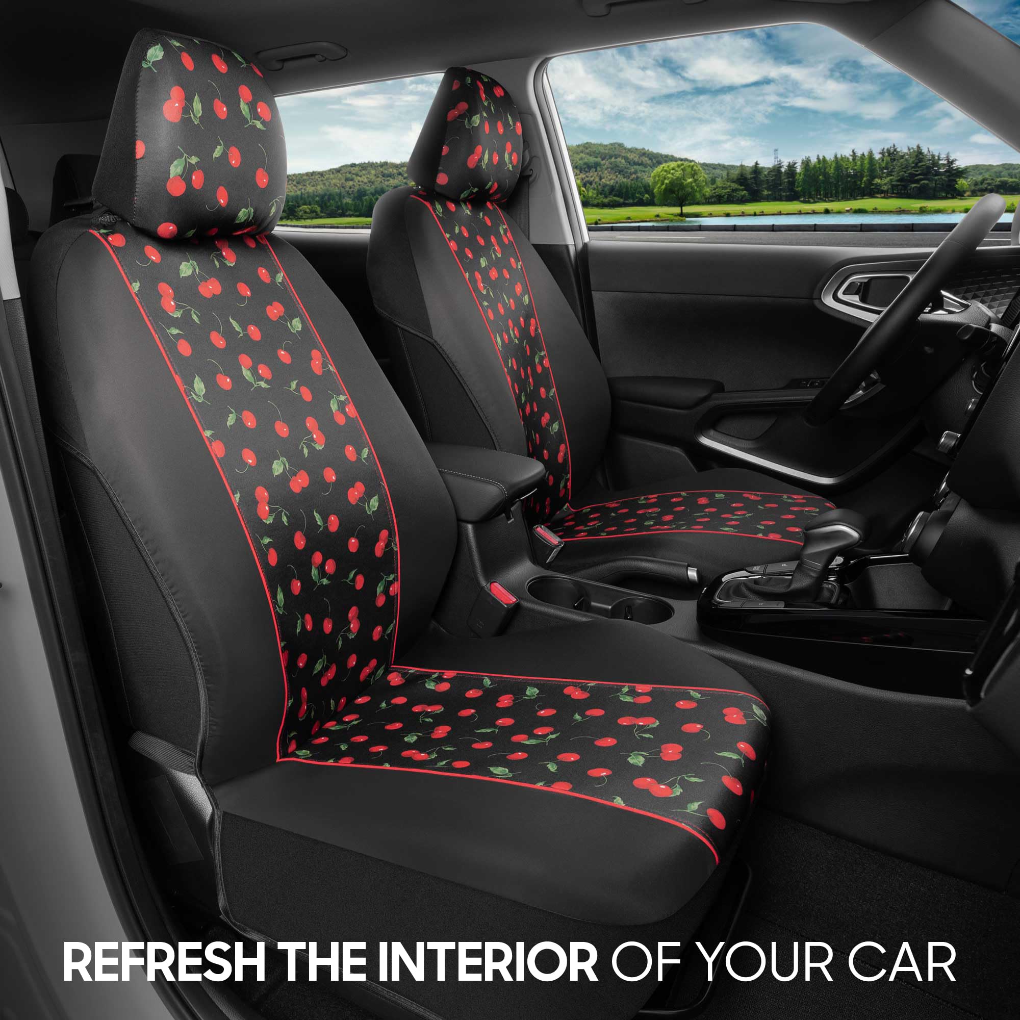 bdk-red-cherry-front-seat-covers-2-pack-classic-print-sideless-design-for-airbag image 2