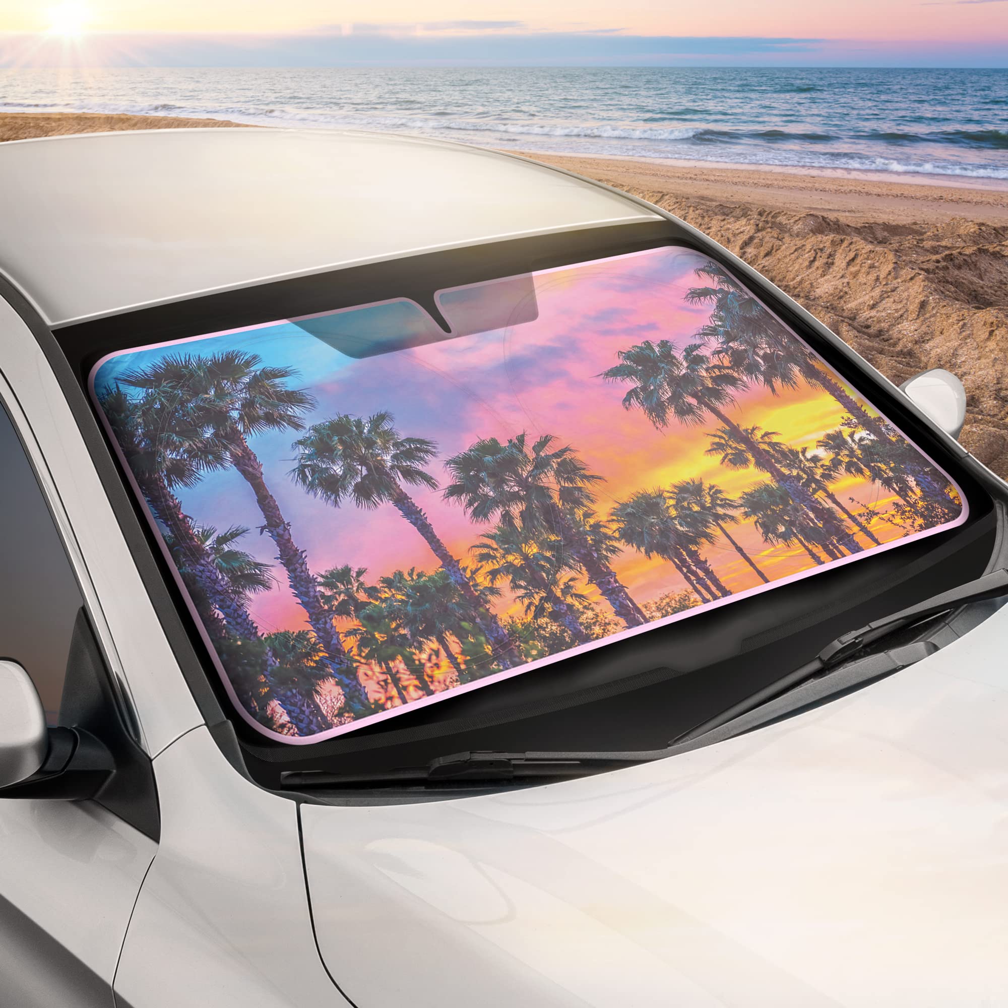 bdk-sunset-palm-trees-car-window-sun-shade-jumbo-64-x32-uv-heat-blocking-windshi image 4