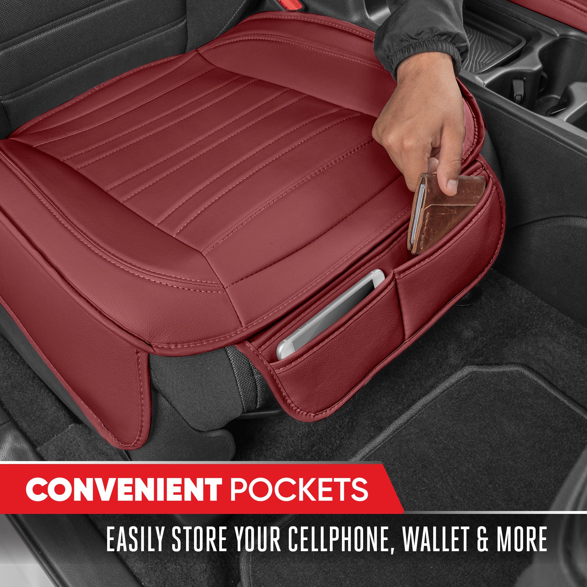 motor-trend-faux-leather-padded-seat-covers-2-pack-burgundy-with-storage-pockets image 4