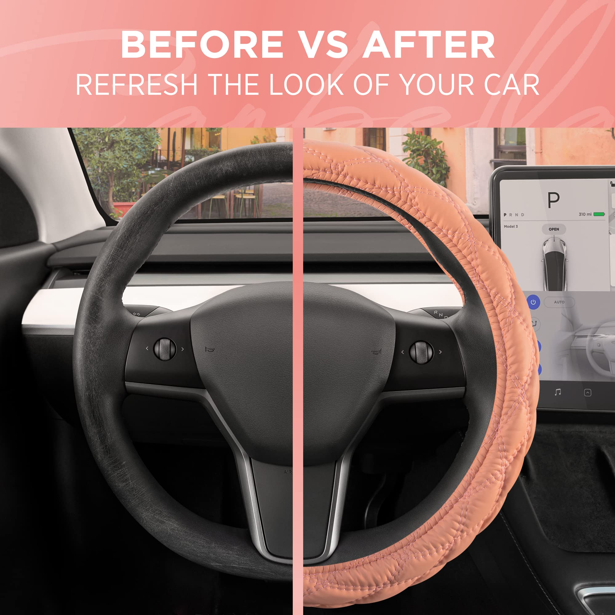bdk-carbella-coral-pink-stitched-leather-steering-wheel-cover-for-women-standard image 4