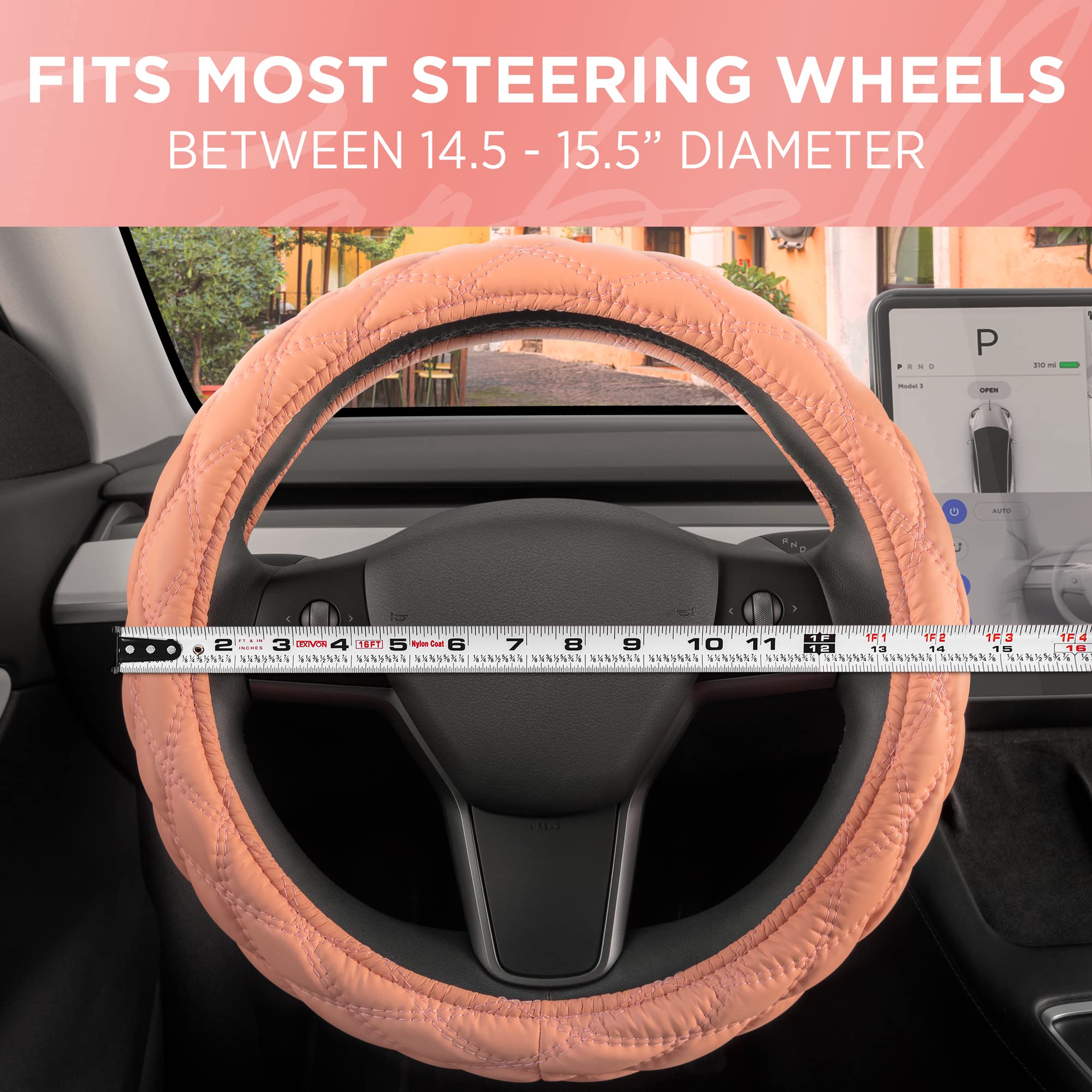 bdk-carbella-coral-pink-stitched-leather-steering-wheel-cover-for-women-standard image 6