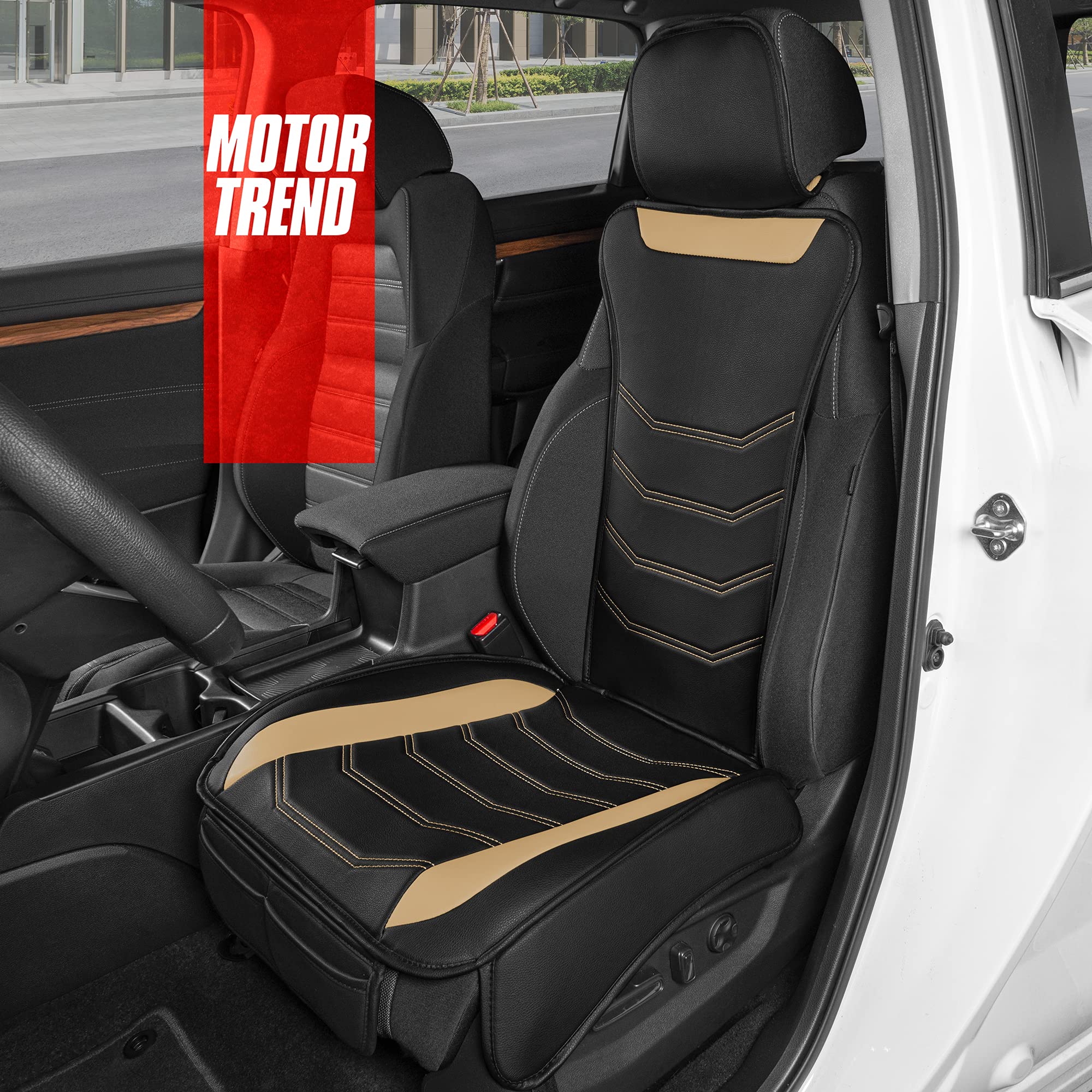 motor-trend-luxefit-beige-faux-leather-seat-cover-1-piece-universal-fit-padded-c image 3
