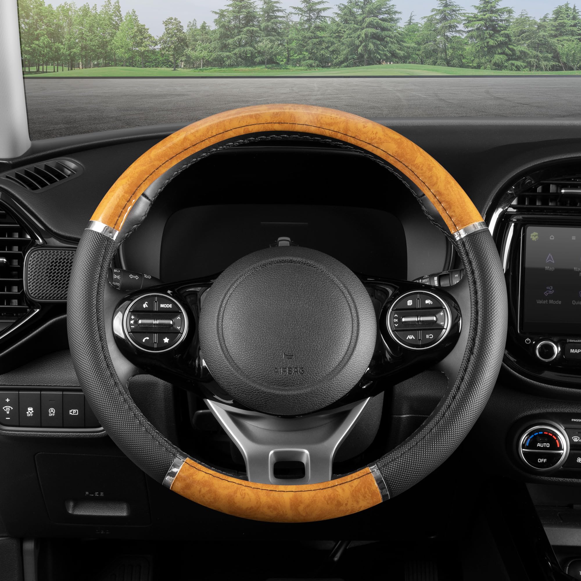 bdk-chrome-wood-grain-black-beige-steering-wheel-cover-universal-fit-for-cars-tr image 7