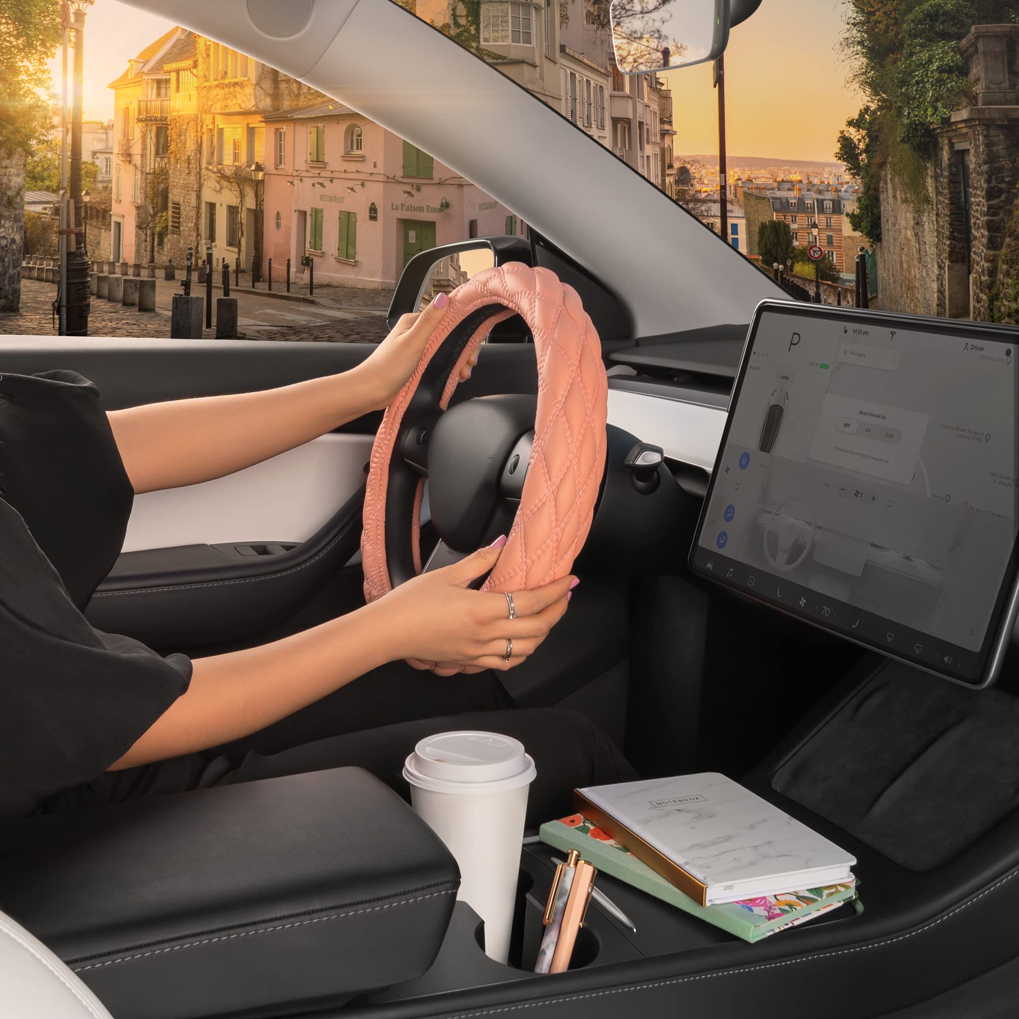 bdk-carbella-coral-pink-stitched-leather-steering-wheel-cover-for-women-standard image 3