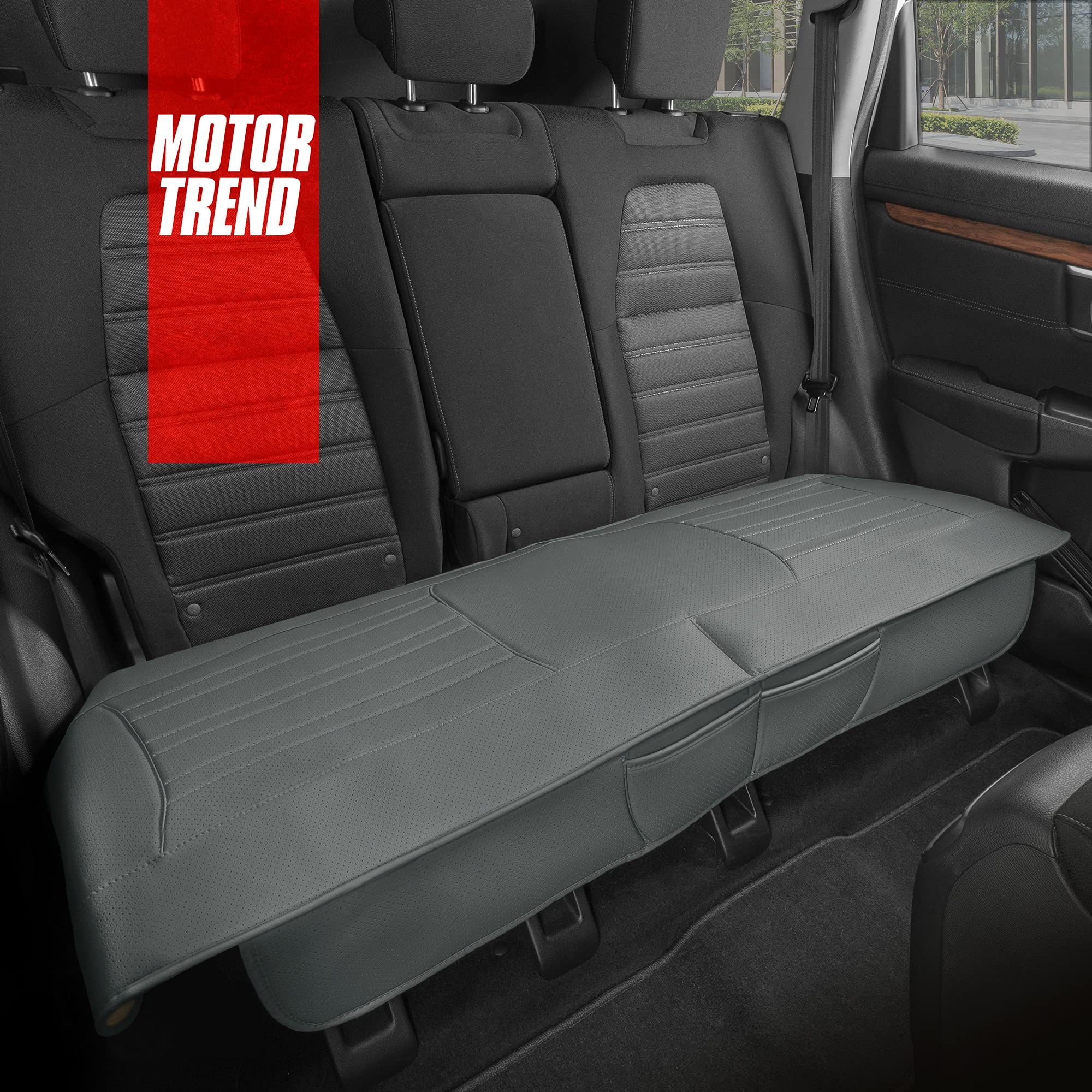 motor-trend-faux-leather-rear-bench-seat-cover-padded-with-storage-pockets-unive image 3