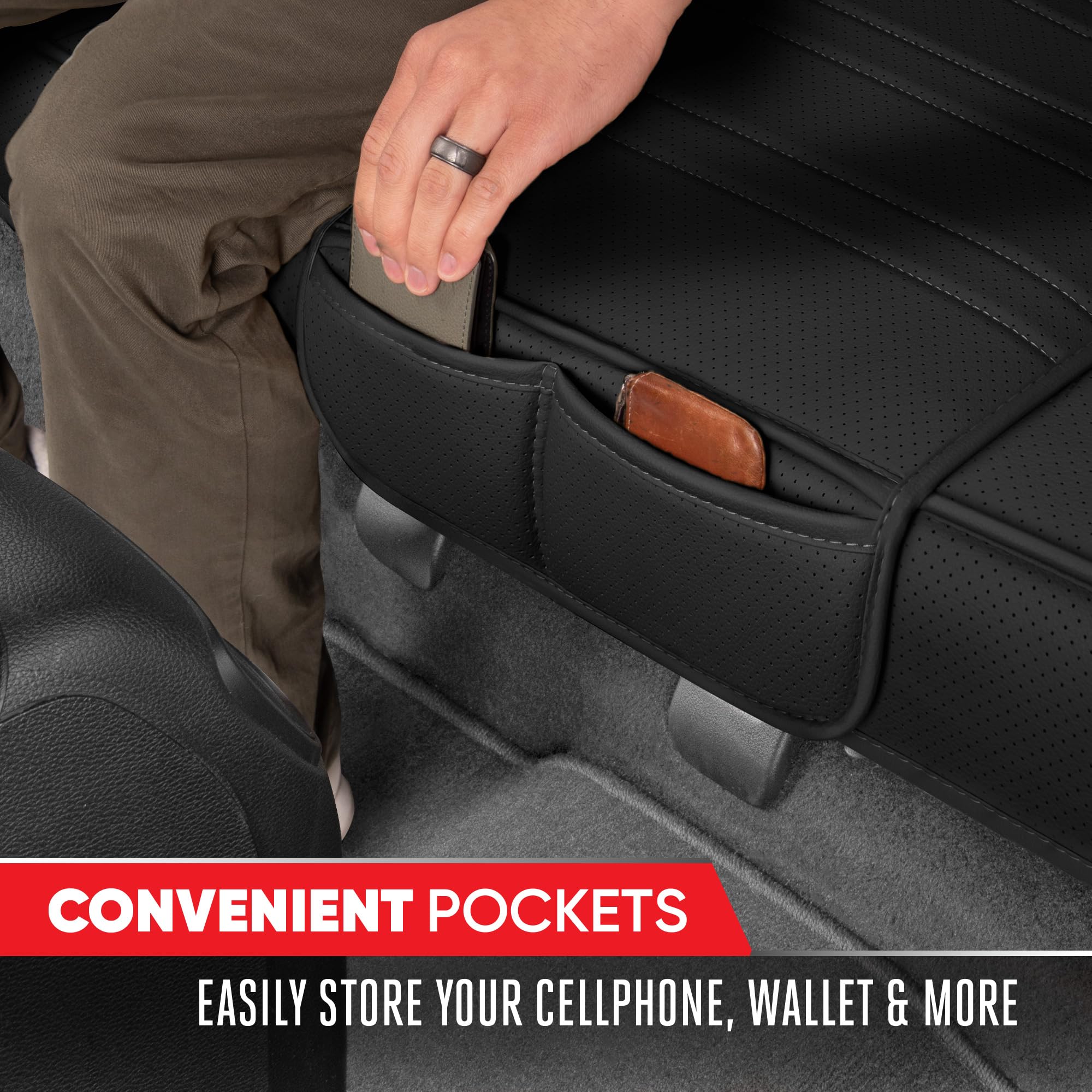 motor-trend-faux-leather-padded-rear-bench-car-seat-cover-with-storage-pockets image 4