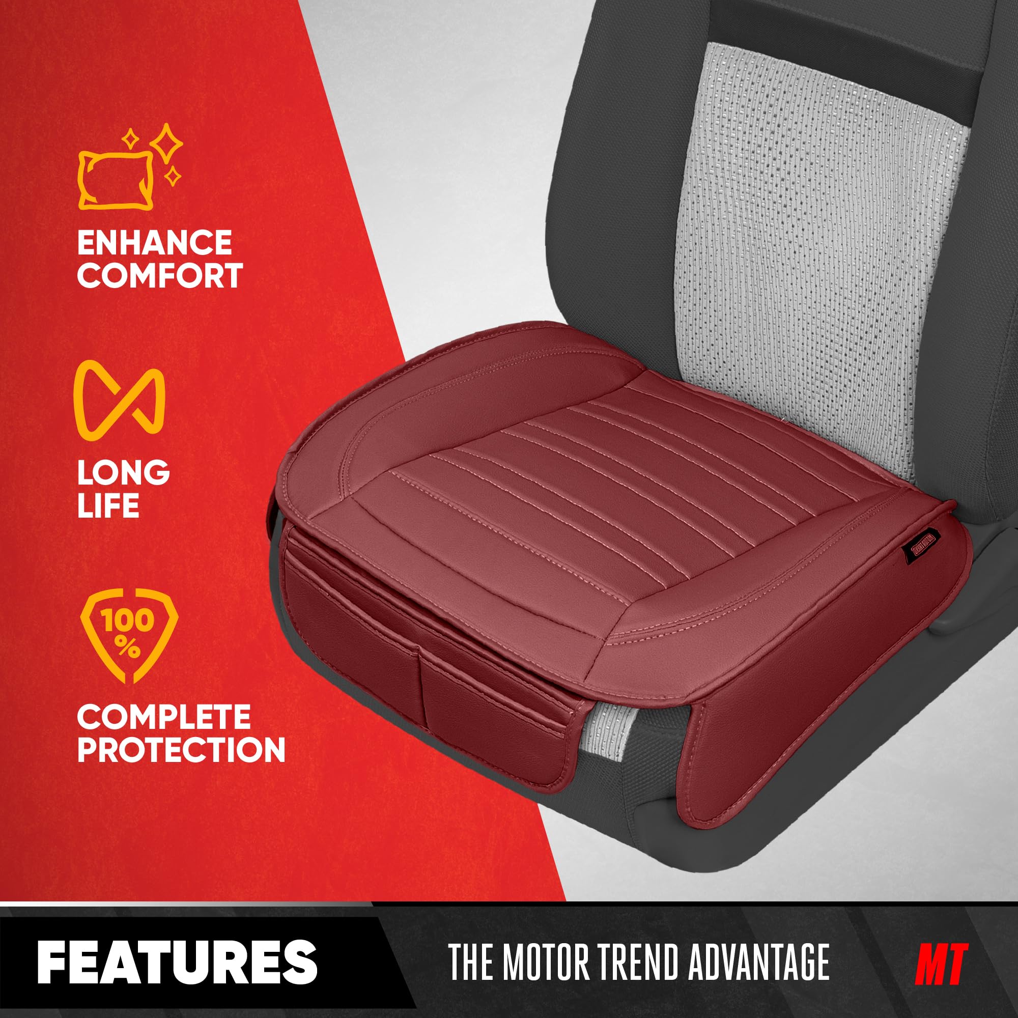 motor-trend-faux-leather-padded-seat-covers-2-pack-burgundy-with-storage-pockets image 2