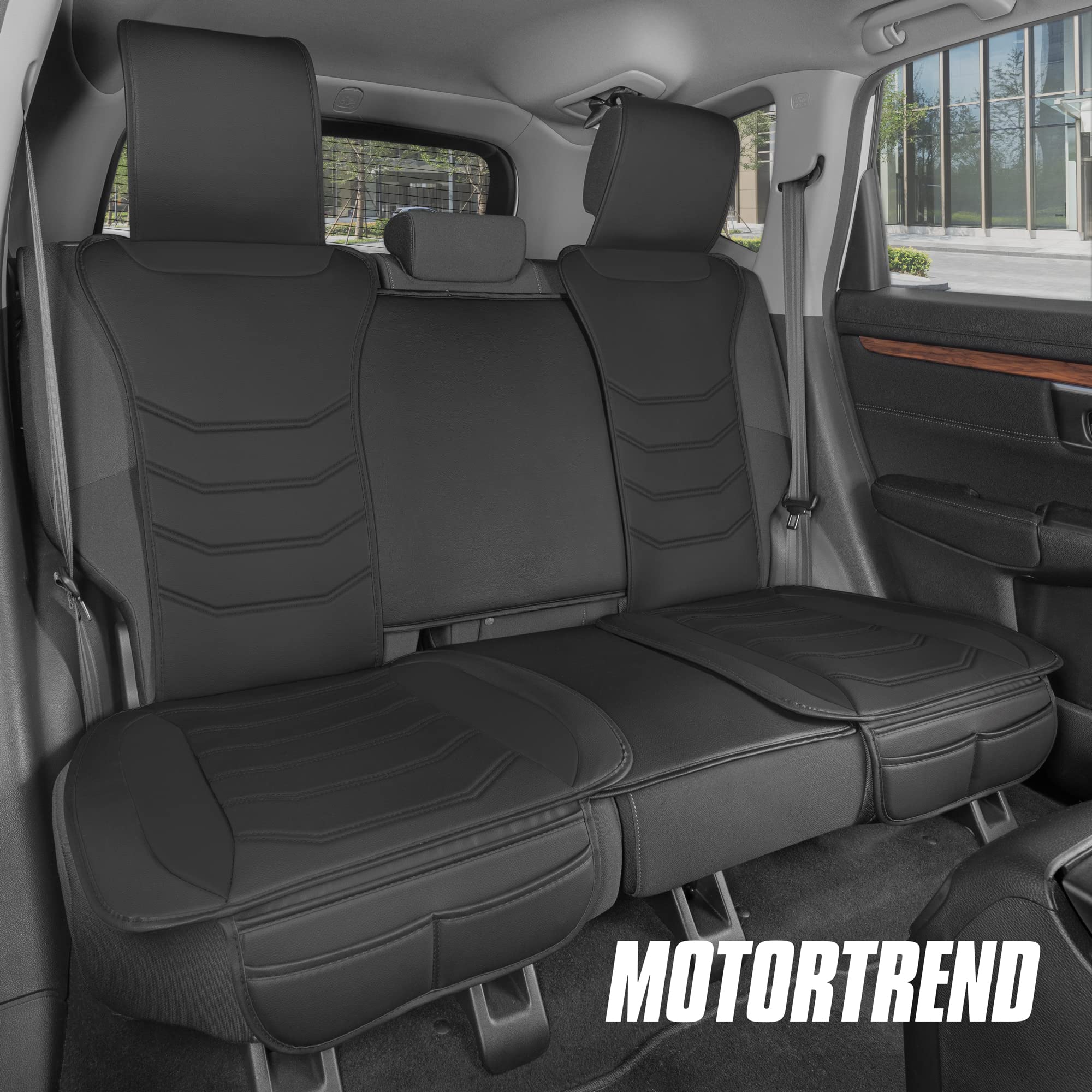 motor-trend-luxefit-black-faux-leather-rear-bench-seat-cover-padded-adjustable-w image 3