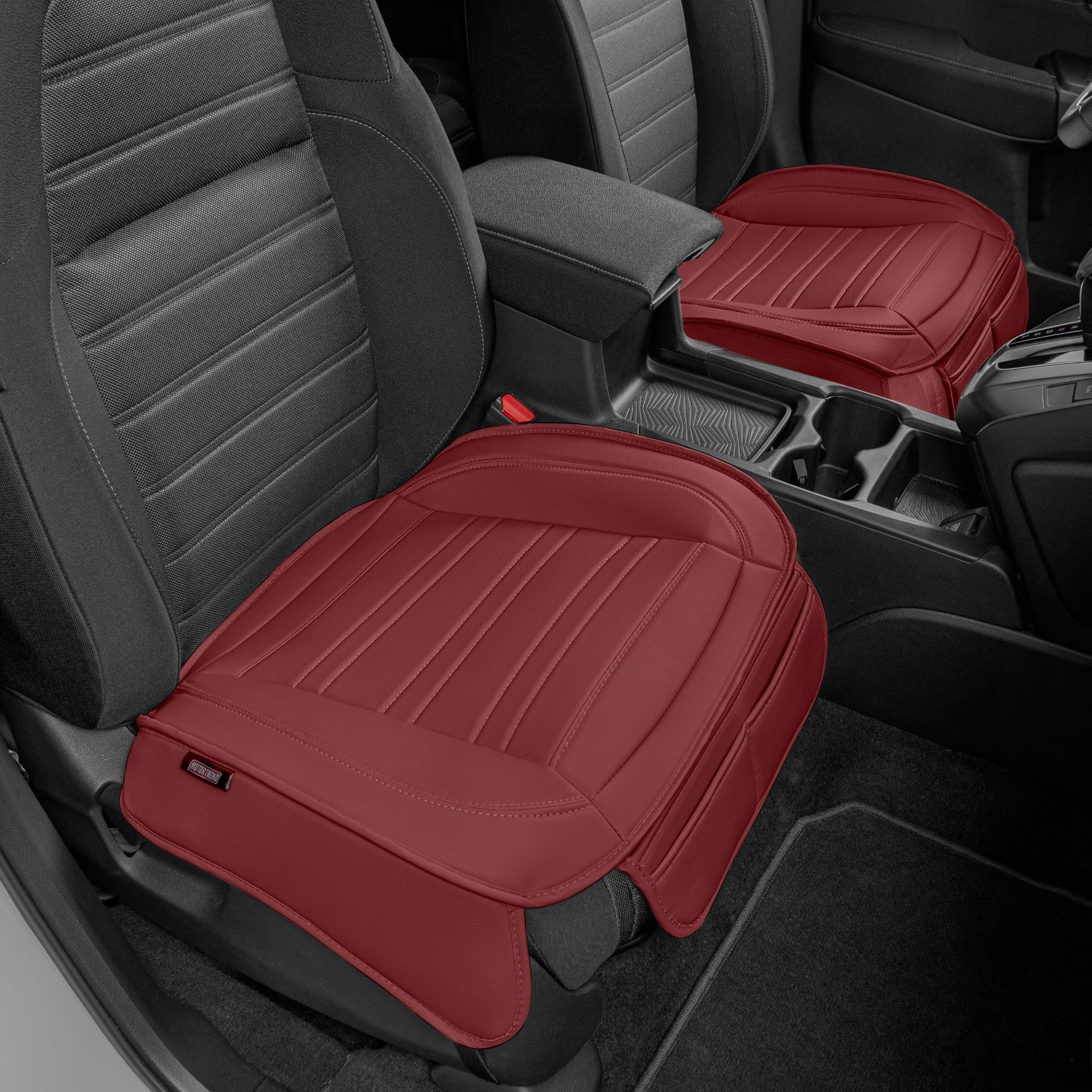 motor-trend-faux-leather-padded-seat-covers-2-pack-burgundy-with-storage-pockets image 1