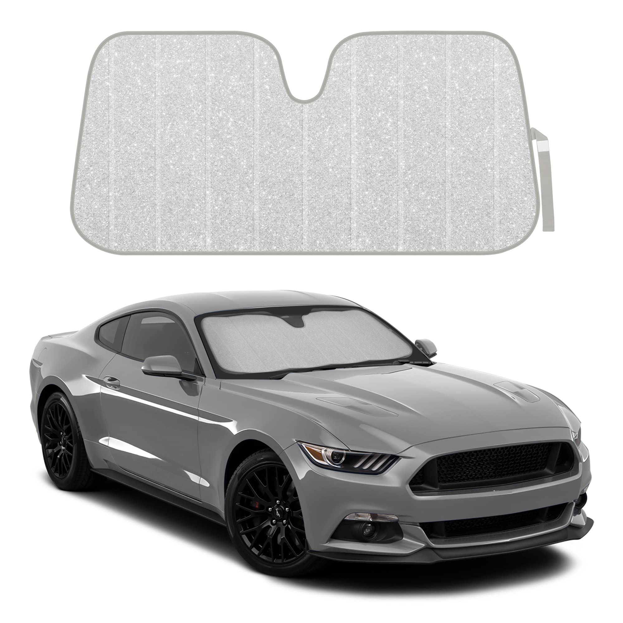 bdk-silver-glitter-windshield-sun-shade-jumbo-accordion-fold-58-x-27-for-car-suv image 1