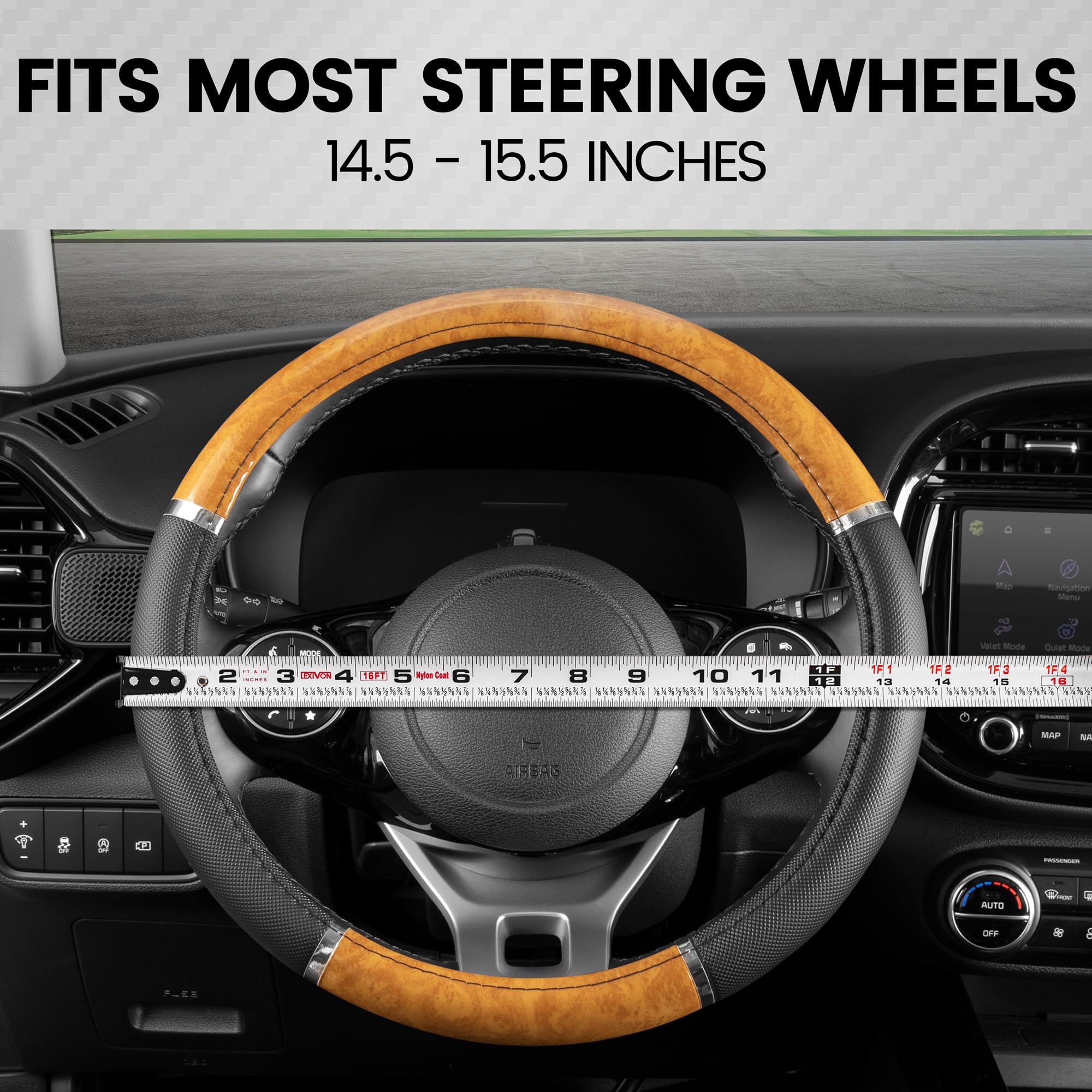 bdk-chrome-wood-grain-black-beige-steering-wheel-cover-universal-fit-for-cars-tr image 5