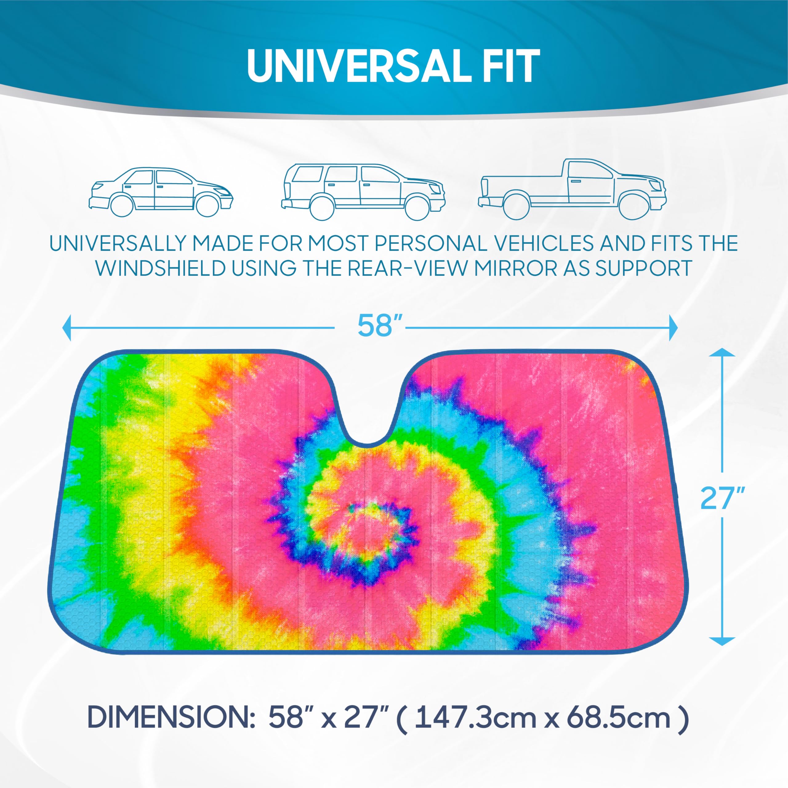 bdk-colorful-rainbow-tie-dye-windshield-sunshade-double-bubble-accordion-folding image 6