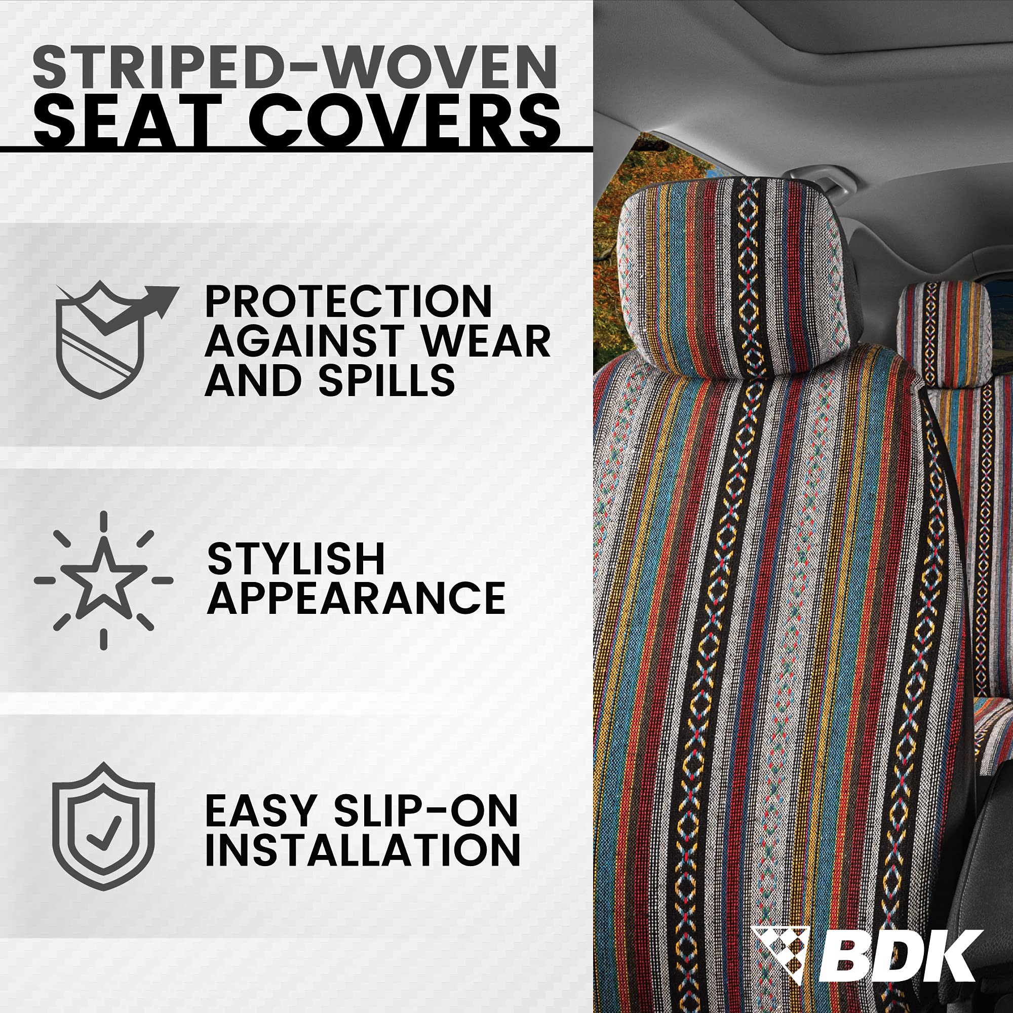 bdk-baja-style-saddle-blanket-full-set-car-seat-covers-multi-color-mexican-aztec image 2