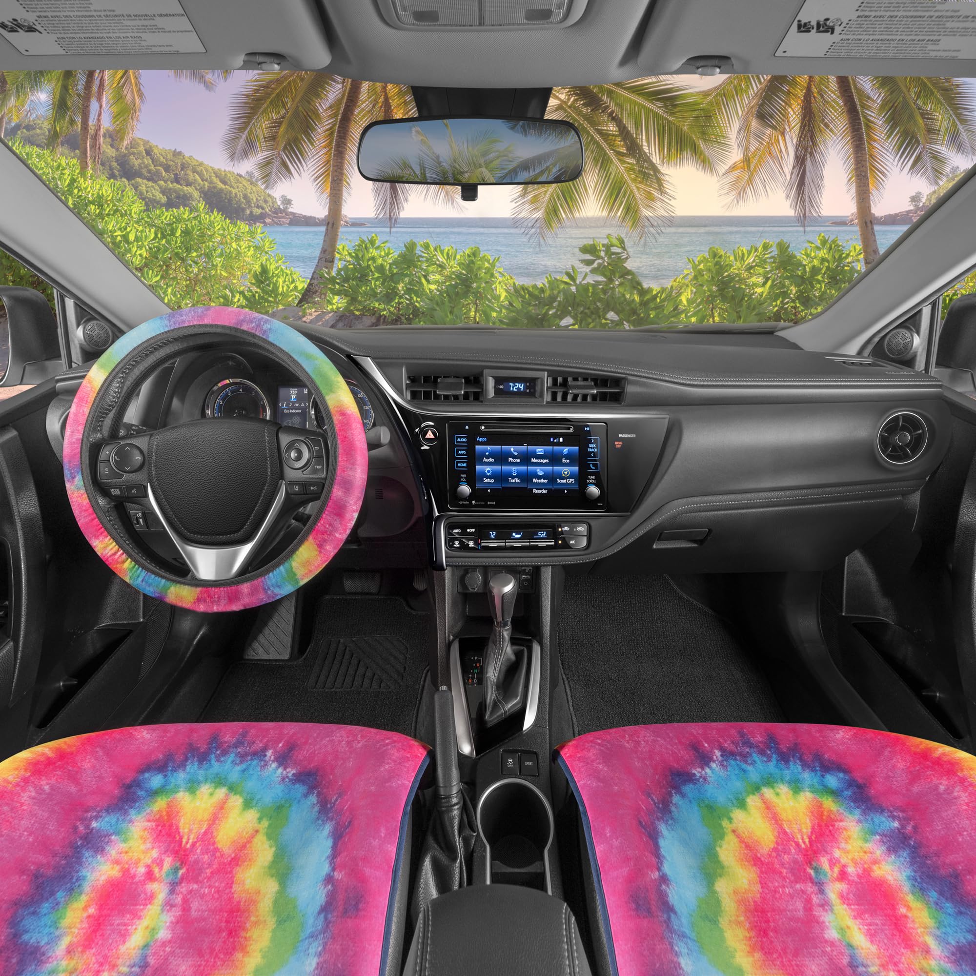 carbella-3pc-rainbow-tie-dye-seat-liner-set-2-front-seat-covers-matching-steerin image 4
