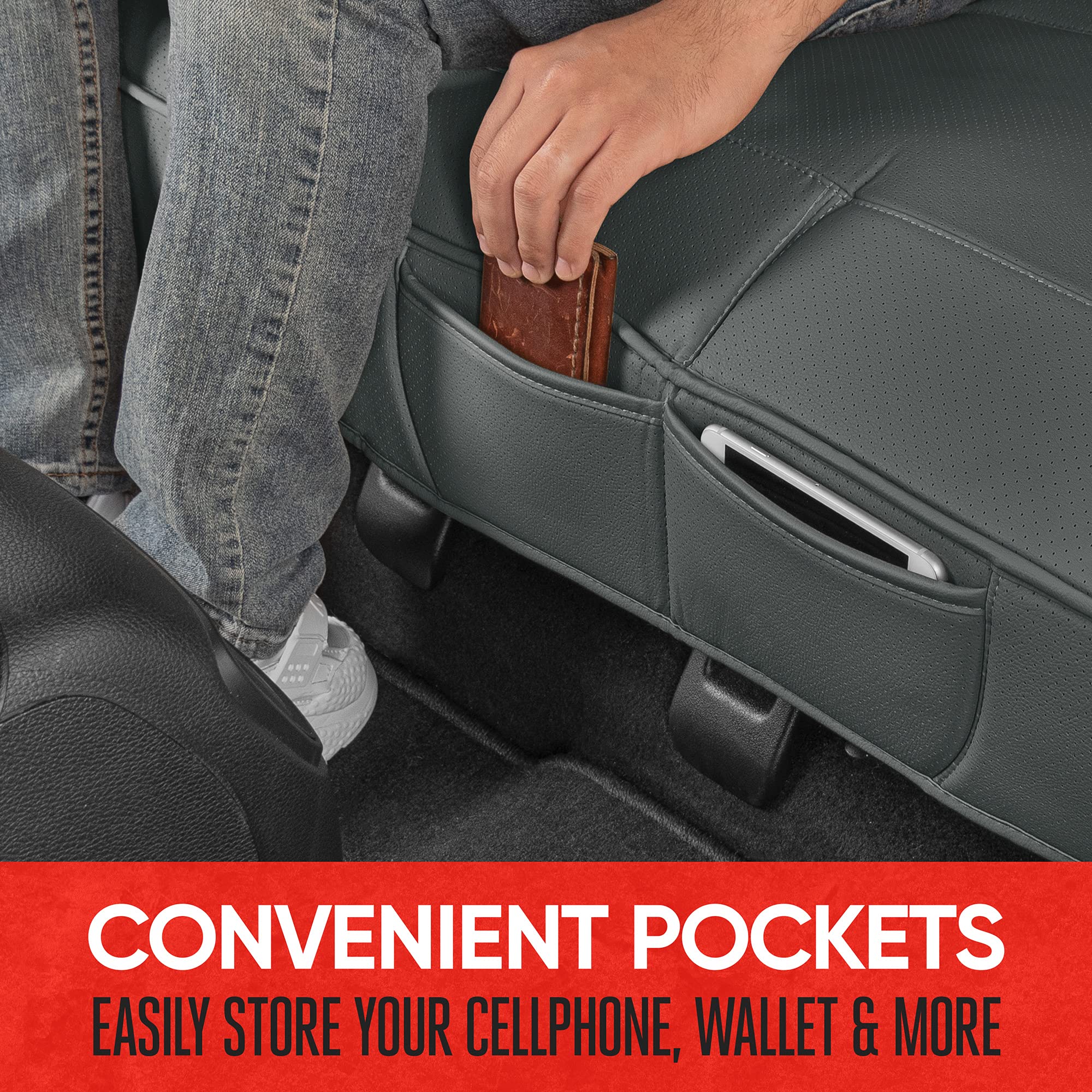 motor-trend-faux-leather-rear-bench-seat-cover-padded-with-storage-pockets-unive image 4
