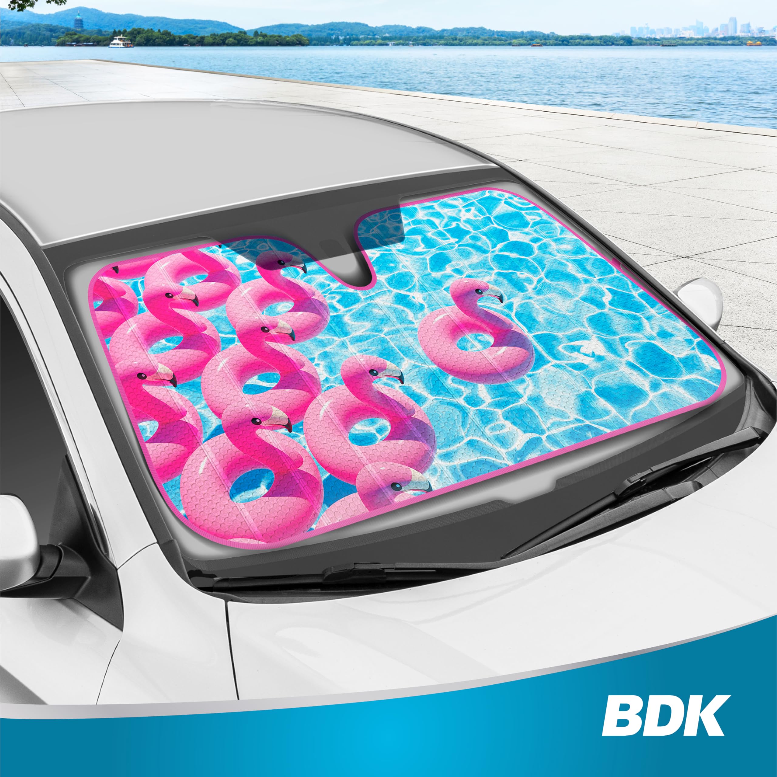 bdk-pink-flamingo-windshield-sun-shade-58x27-accordion-fold image 7